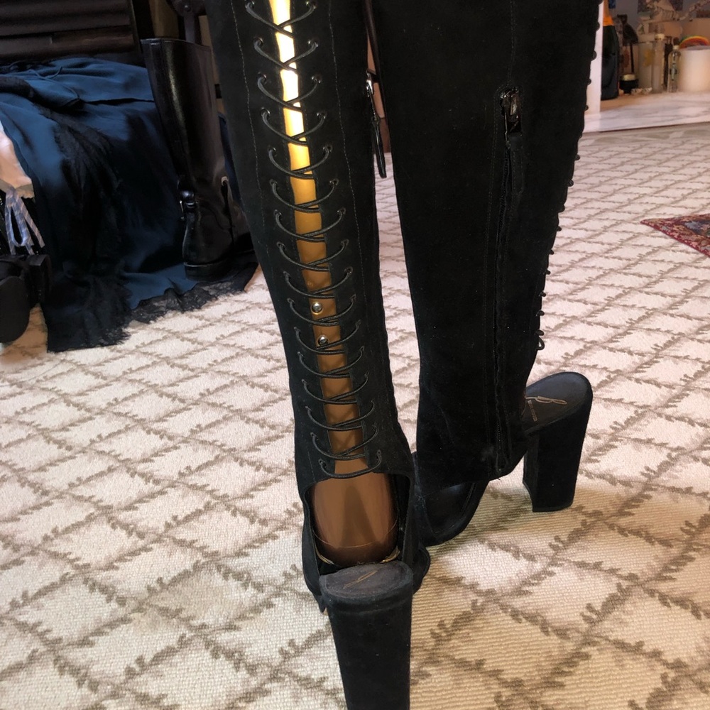 Brian Atwood suede over the knee peep toe boots